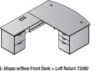 L-Shape w/Bow Front Desk + Left Return 72x90
