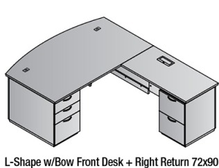 L-Shape w/Bow Front Desk + Right Return 72x90