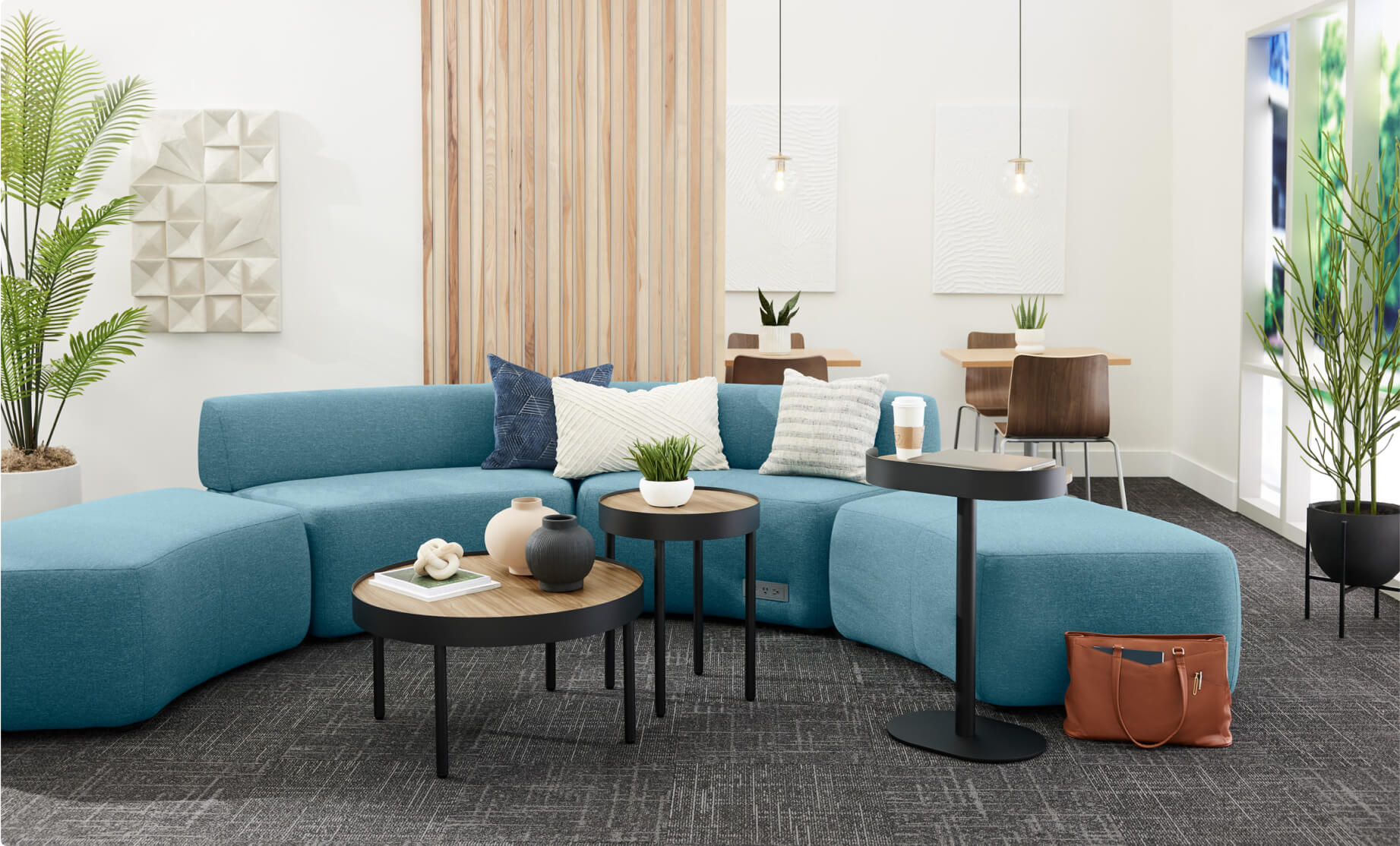 Modern office lounge with modular blue seating